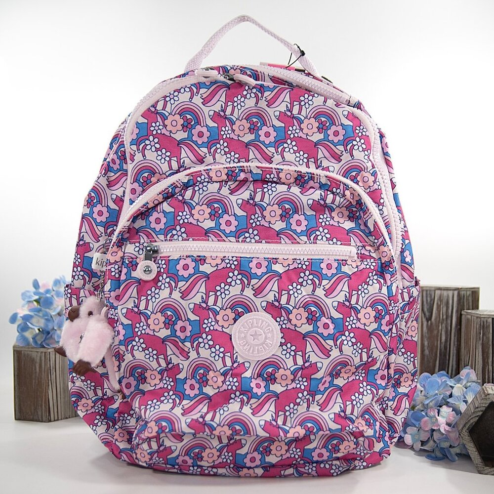 Kipling Mystical Mane Purple Pink Nylon Seoul Large 15" Laptop Backpack Bag NWT